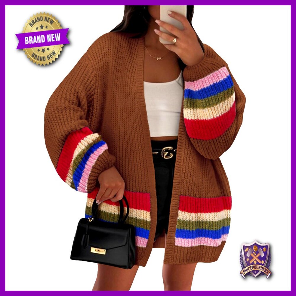 Oversized Striped Cardigan Long Lantern Sleeves Open Front Knit Sweater